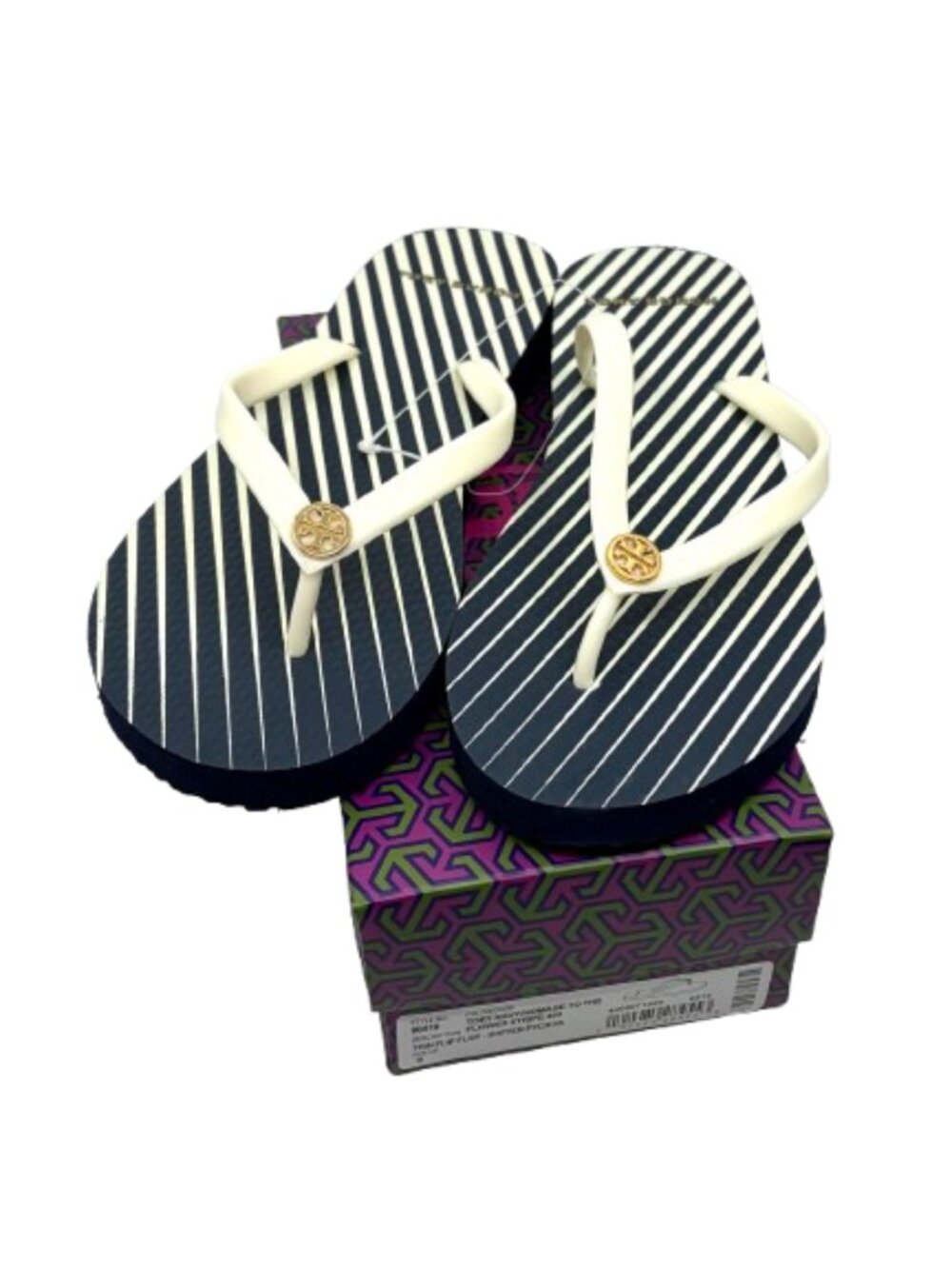 TORY BURCH~Thin Flip-Flops in "Tory Navy / Homage to the Flower Stripe" NIB SZ 8
